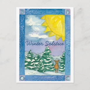 Carte Postale Hiver Solstice Cerf Aquarelle de neige Paysage