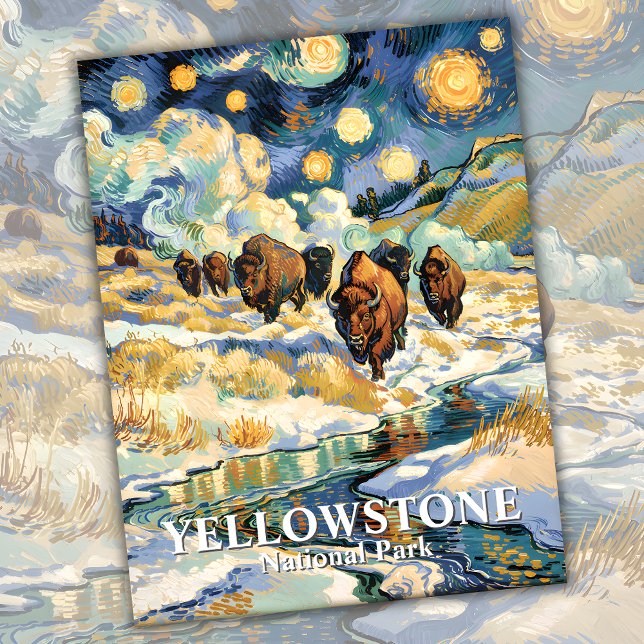 Carte Postale Hiver Yellowstone Bison Van Gogh Nuit étoilée (Winter Yellowstone Bison Van Gogh Starry Night Postcard)
