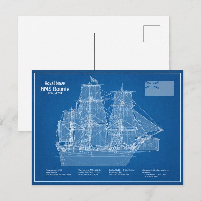 Carte Postale HMS Bounty - Plan directeur des navires ABD (Devant / Derrière)