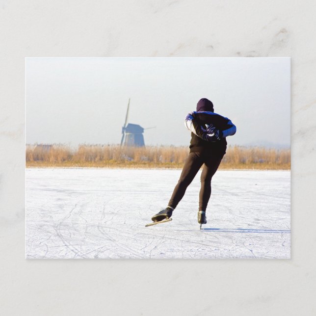 Carte Postale Hollandais : patinage sur glace sur un lac gelé (Devant)