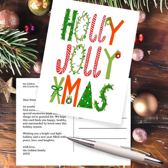 Carte Postale HOLLY JOLLY XMAS Laisser Noël PERSONNALISÉ (HOLLY JOLLY XMAS Lettering Christmas CUSTOM Non-Photo Holiday Postcard
)