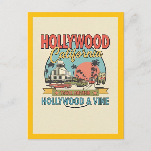 Carte Postale Hollywood, CA – Hollywood et Vine Rétro (Devant)