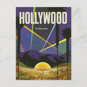 Carte Postale Hollywood, réflecteurs la nuit, vintage