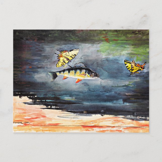 Carte Postale Homer - Poisson et papillons, célèbre peinture (Devant)