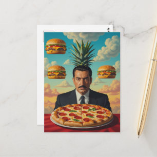 Carte Postale Homme avec pizza et cheeseburgers dans le cielSurr