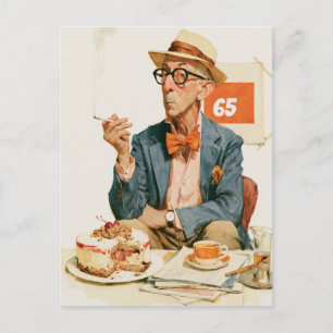 Carte Postale Homme Élégant avec Café et Gâteau