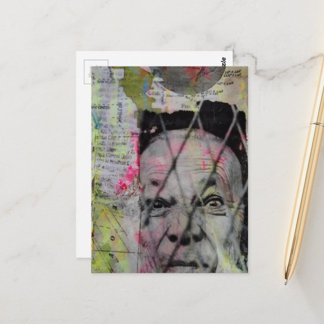 Carte Postale homme en cage rétro junk journal Collage de techni (Devant/Arrière en situation)