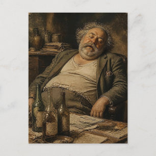 Carte Postale Homme endormi et bouteilles de vin