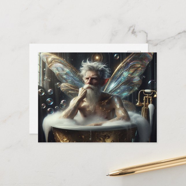 Carte Postale Homme fée âgé dans le bain moussant (Devant/Arrière en situation)