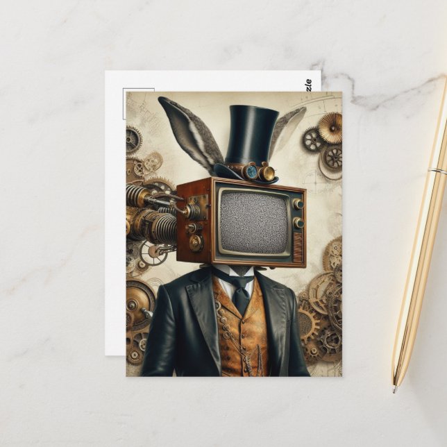 Carte Postale Homme Rabbit Steampunk Avec Tête TV Statique (Devant/Arrière en situation)