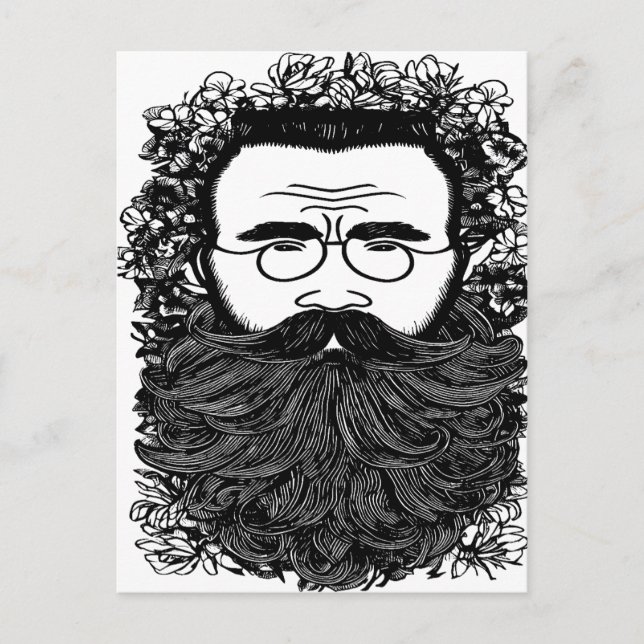 Carte Postale Homme Whimsical Beard Mustache Fleurs Art (Devant)