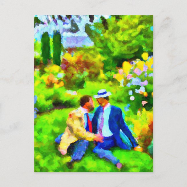 Carte Postale Hommes amoureux dans le jardin (Devant)