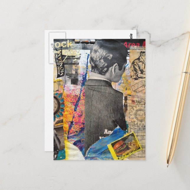 Carte Postale Hommes rétro travaillant Collage en techniques mix (Devant/Arrière en situation)