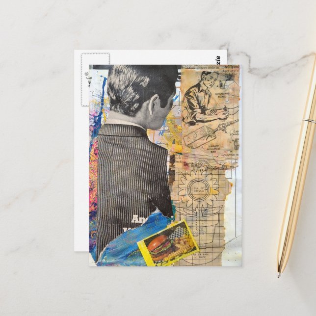Carte Postale Hommes rétro travaillant Collage en techniques mix (Devant/Arrière en situation)