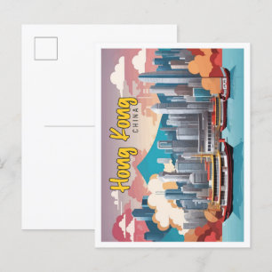 Carte Postale Hong Kong Chine Pop Art Voyage Illustration
