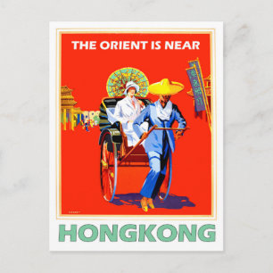 Carte Postale Hong Kong, femme en pousse-pousse, voyage vintage