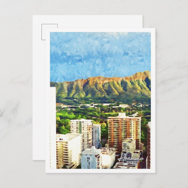 Carte Postale Honolulu Hawaii magnifique peinture à l'huile Vill (Devant / Derrière)