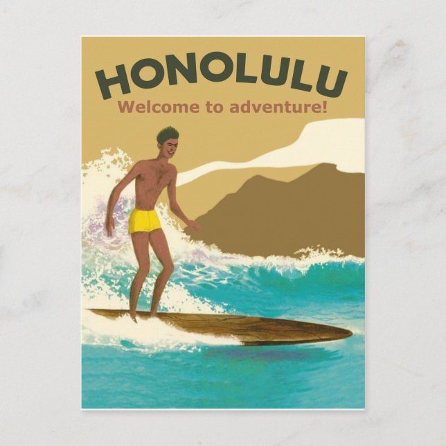 Carte Postale Honolulu, surfant sur les vagues de l'océan (Devant)