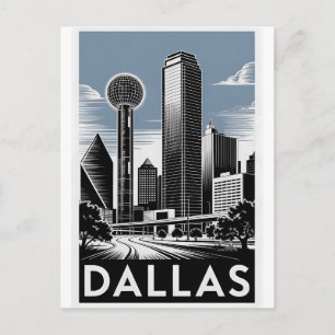 Carte Postale Horizon de Dallas Texas Noir Blanc Gravure sur Boi