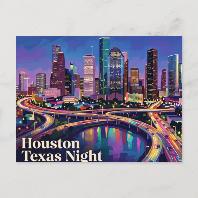 Carte Postale Horizon de Houston la nuit Texas (Devant)