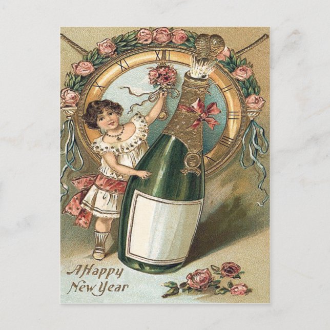 Carte Postale Horloge Rose de bouteille de champagne fille (Devant)