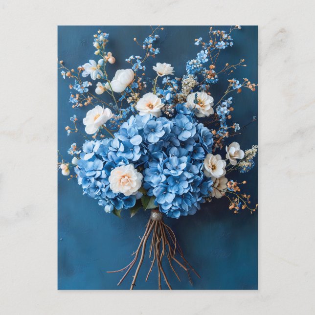 Carte Postale Hortensias bleus et fleurs blanches (Devant)