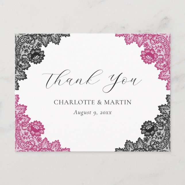 Carte Postale Hot Pink and Black Floral Lace Wedding Thank You (Devant)