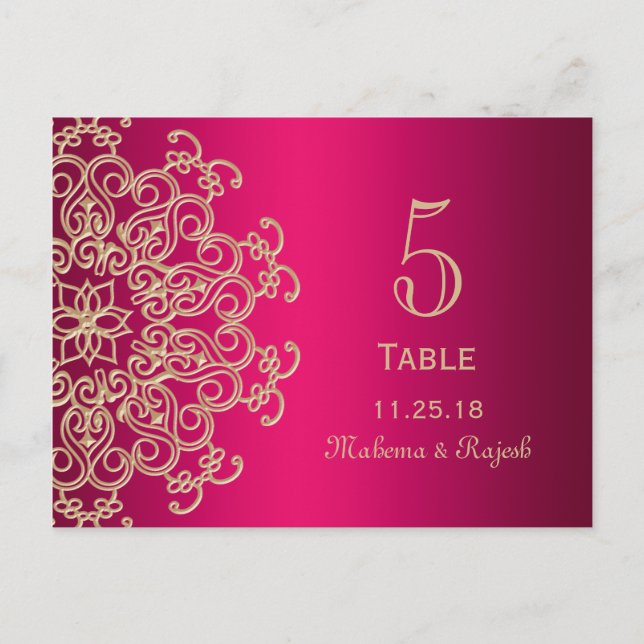 CARTE POSTALE HOT PINK AND GOLD INDIAN WEDDING TABLE NUMBER CARD (Devant)