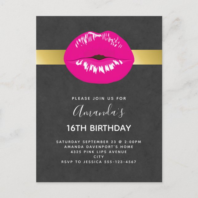 Carte Postale Hot Rose Lèvres Glamour Invitation Anniversaire (Devant)