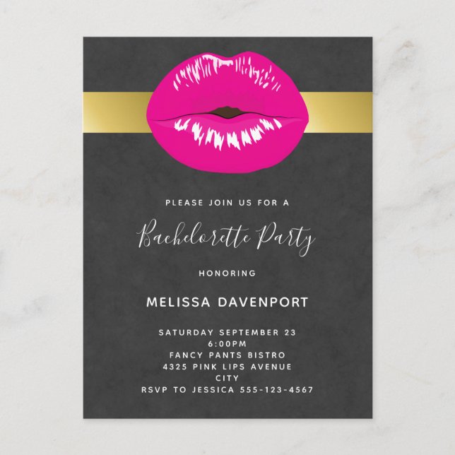 Carte Postale Hot Rose Lips Glamour Bachelorette Invitation (Devant)