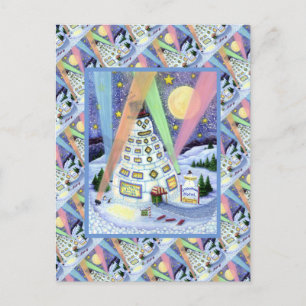 CARTE POSTALE HÔTEL FUNNY SNOWMAN, LUMIÈRES DU NORD ET PENGUINS