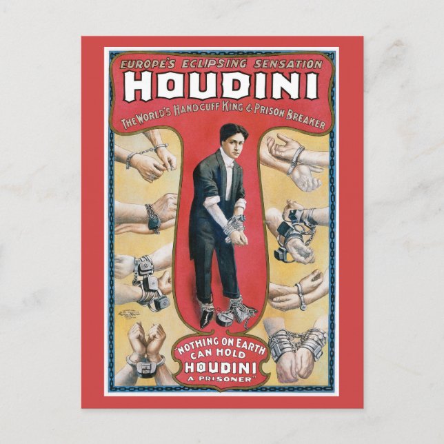 Carte Postale Houdini ~ Artiste d'évasion vintage aux menottes (Devant)
