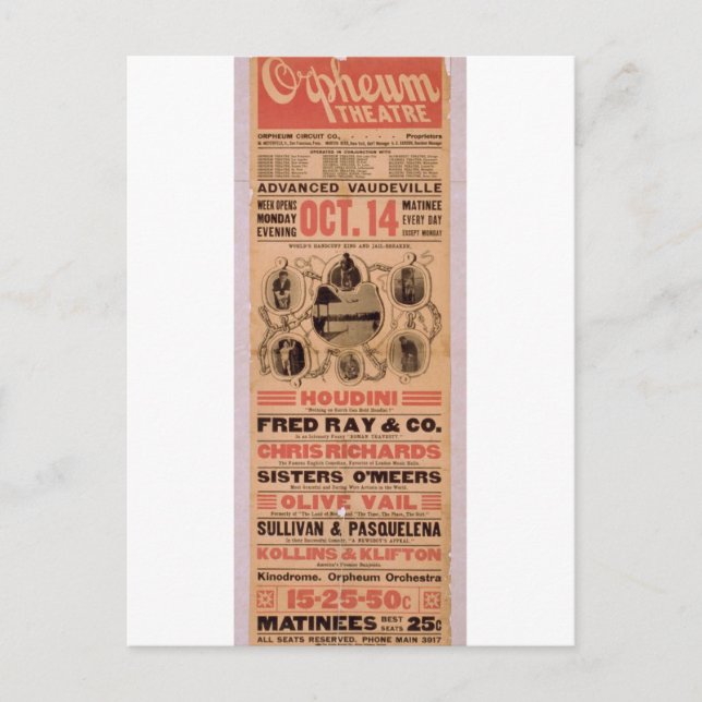 Carte Postale Houdini, 'Orpheuw' Théâtre Rétro (Devant)