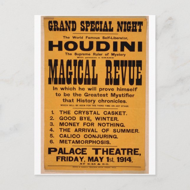 Carte Postale Houdini, Théâtre rétro "Revue magique" (Devant)