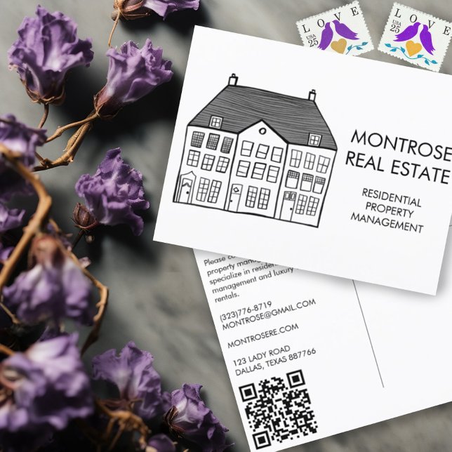 Carte Postale House Art Minimal QR Code Marketing immobilier (Custom real estate marketing postcards with house line art and custom QR code. )