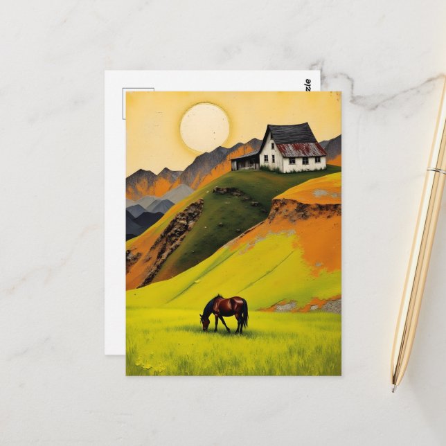 Carte Postale House on the Hill and Horse in the Pasture (Devant/Arrière en situation)