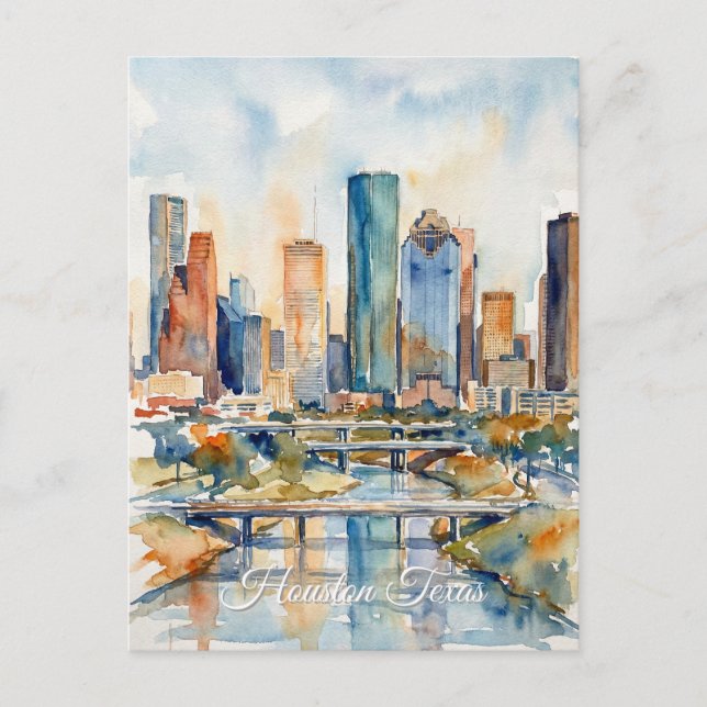 Carte Postale Houston Skyline water color (Devant)