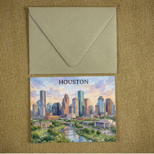 Carte Postale Houston Texas Artwork Aquarelle Rétro
