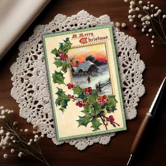 Carte Postale Houx de Noël vintage 1910  (Créateur téléchargé)