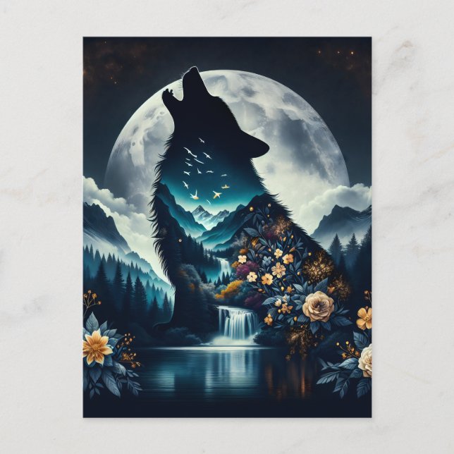 Carte Postale Howling Wolf | Pleine lune Ai Art (Devant)