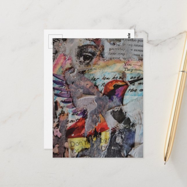 Carte Postale Hummingbird mixed media collage in progress (Devant/Arrière en situation)