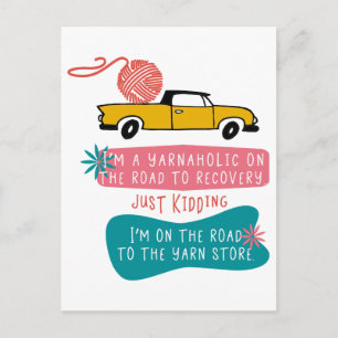 Carte Postale Humour de tricot de Yarnaholic avec camion rétro e