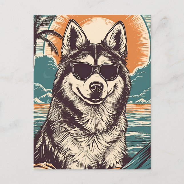 Carte Postale Husky avec lunettes de soleil à la plage (Devant)