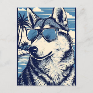 Carte Postale Husky avec lunettes de soleil à la plage
