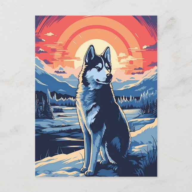 Carte Postale Husky dans la forêt d'hiver au coucher du soleil (Devant)