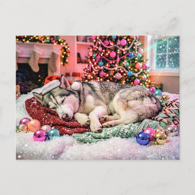 Carte Postale Husky dormant dans une scène de Noël cosy (Devant)