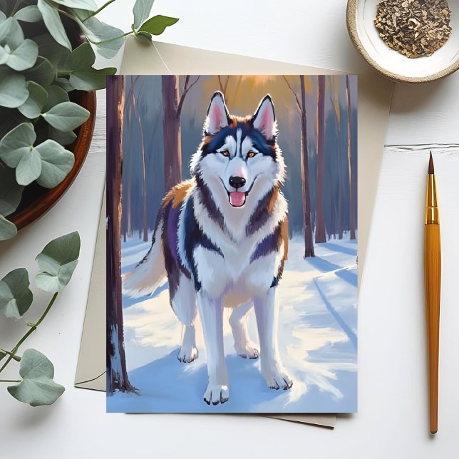 Carte Postale Husky | Peinture de compagnie d'aquarelle d'hiver  (Créateur téléchargé)