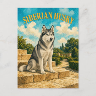 Carte Postale Husky sibérien, Art de chien à l'aquarelle vintage