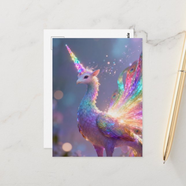 Carte Postale hybride licorne paon  (Devant/Arrière en situation)