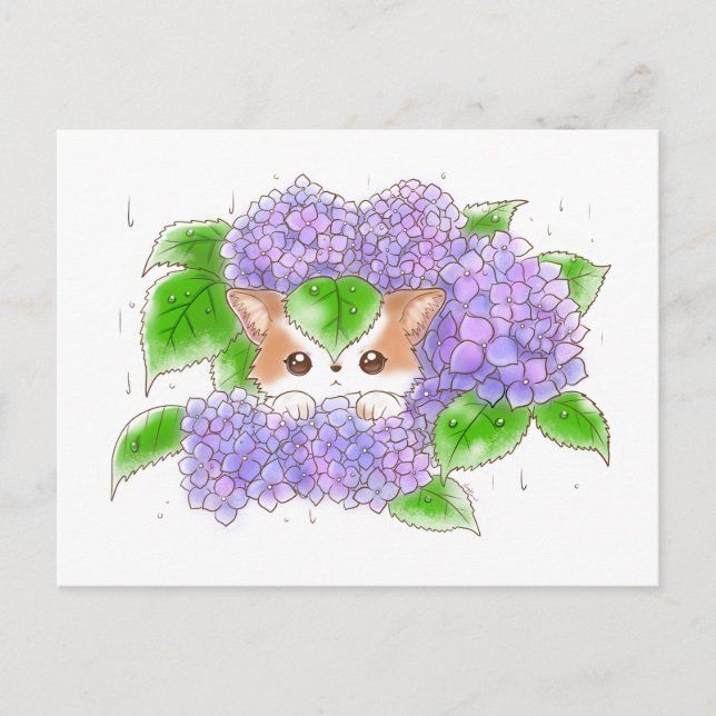Carte Postale Hydrangea and Mochi Rainy Day  Postcard by Amy C (Devant)